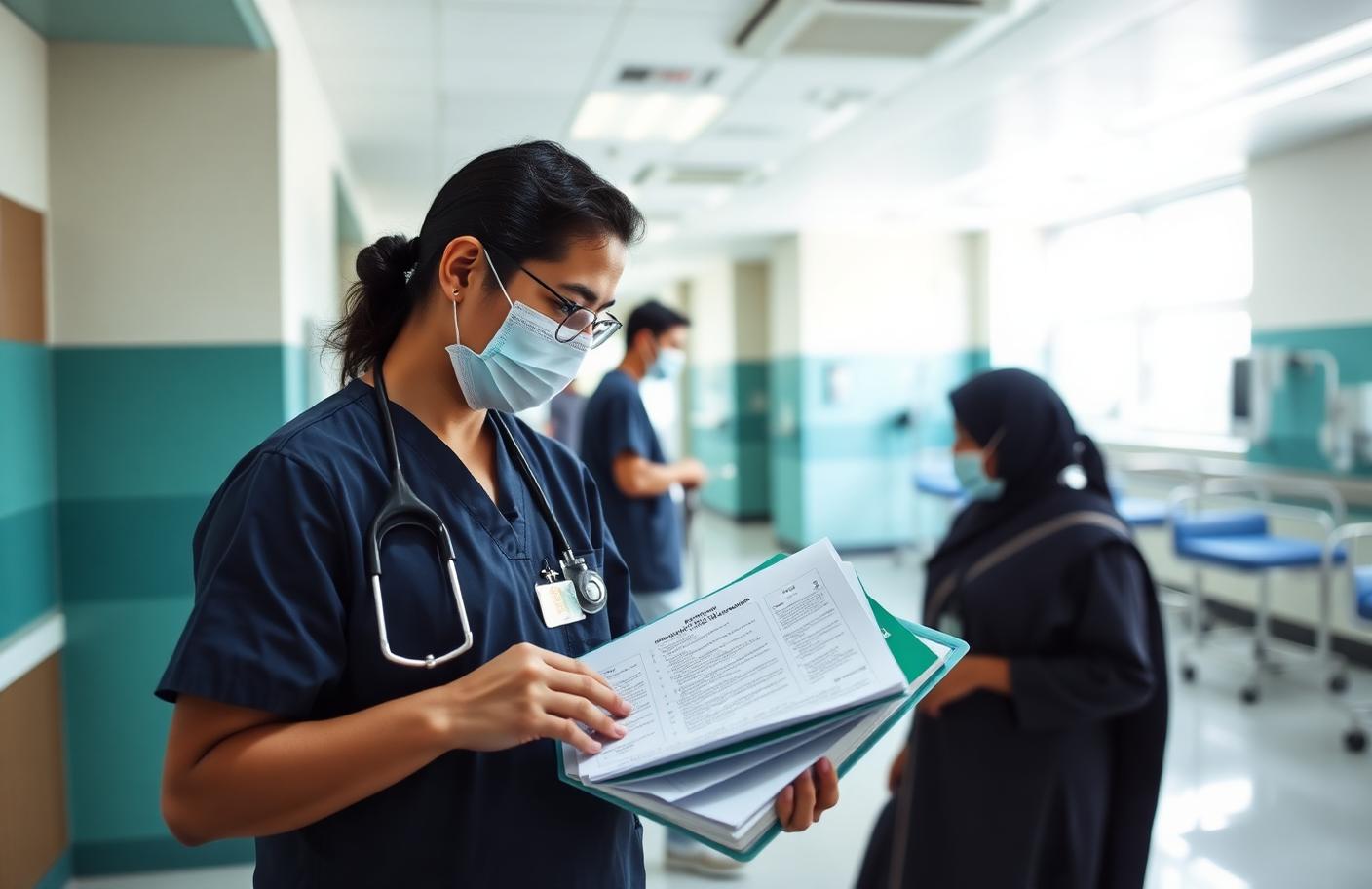 Indian hospital quality manager reviewing an accreditation standards binder at a nurses station