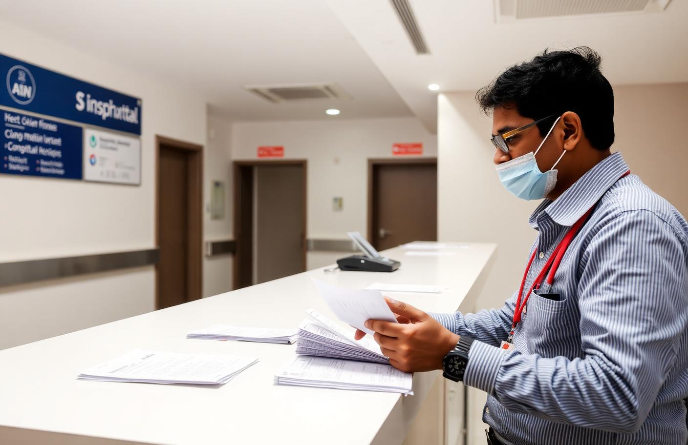 Indian hospital insurance desk officer sorting cashless claim forms at a counter