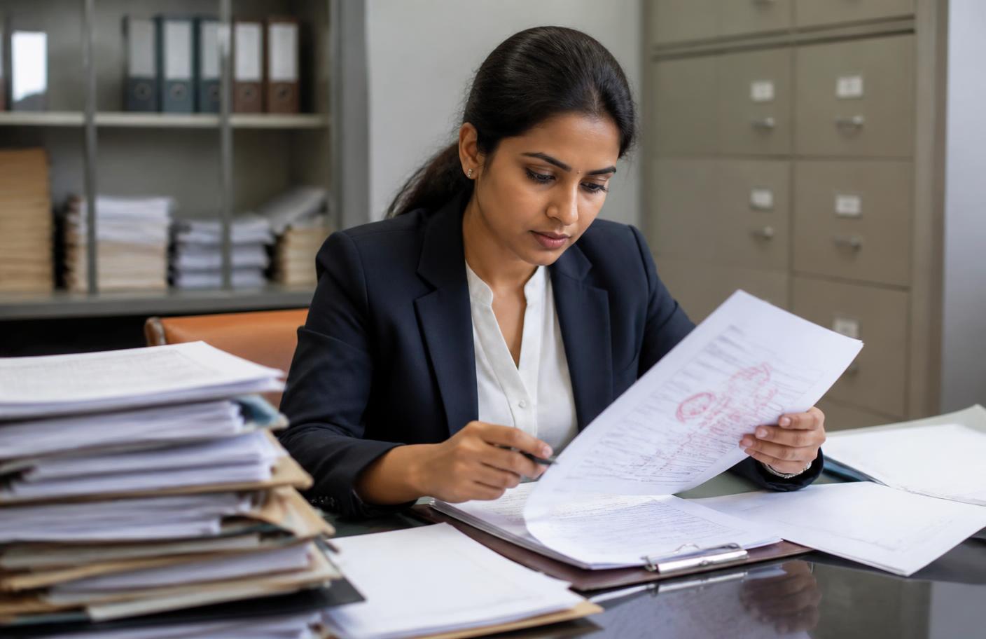 Indian hospital compliance officer reviewing regulatory licence files in a records office